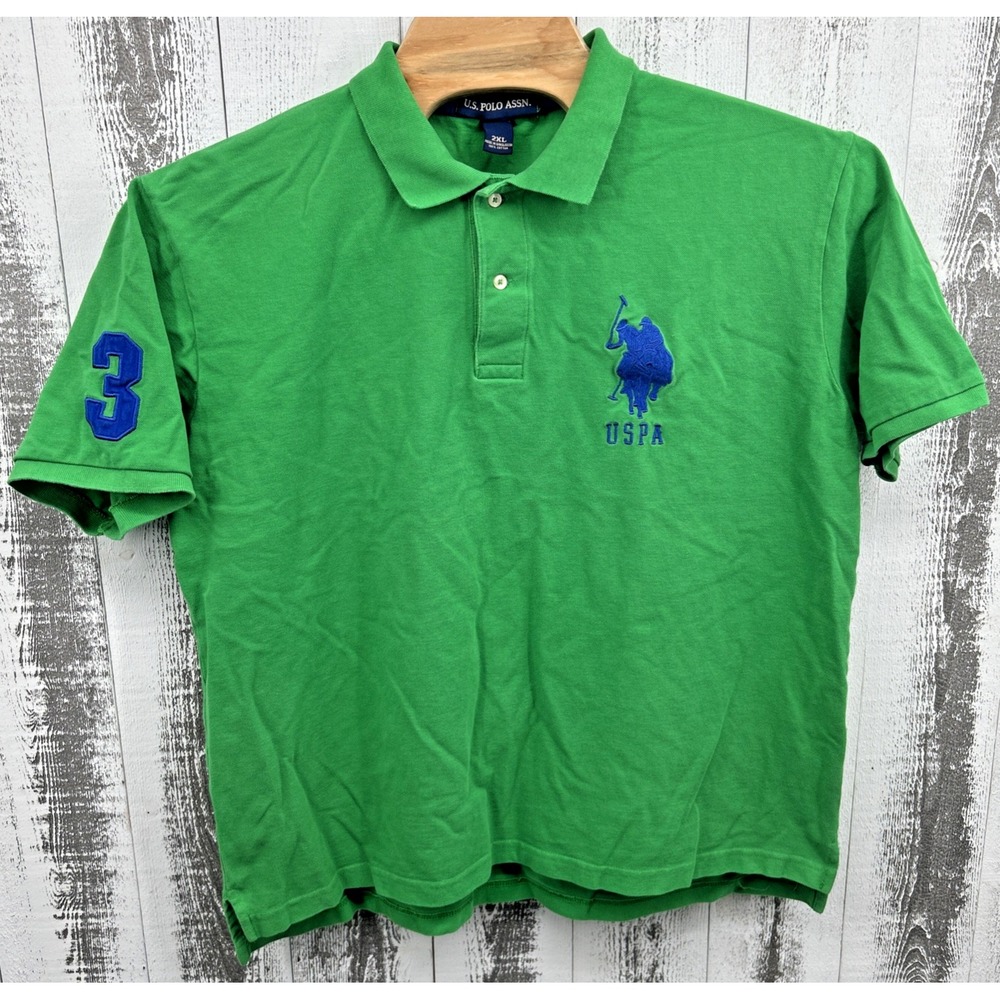 US Polo Assn Mens 2XL Green Short Sleeve Pique Polo Shirt Blue Logo 11625088